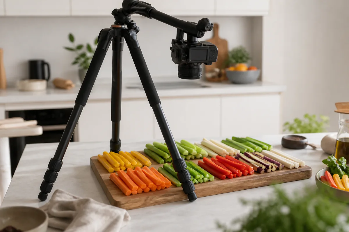Trépied noir mat dressé au-dessus d’une planche couverte de légumes coupés en bâtonnets
