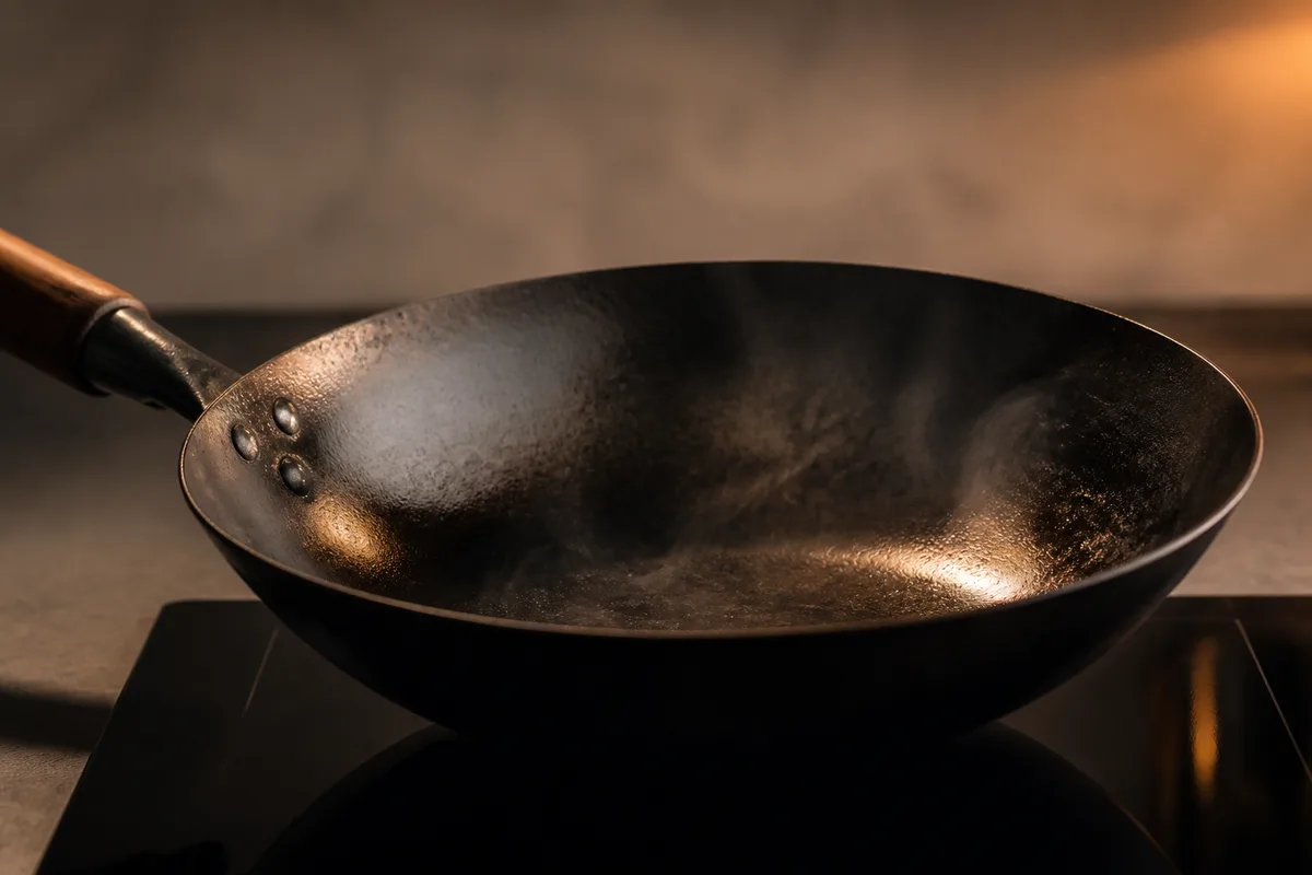 Wok en acier noir fumant posé sur une plaque, cuisine claire en arrière-plan flou