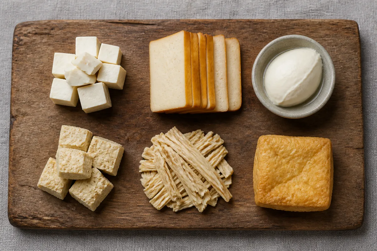 Assortiment de morceaux de tofu aux textures variées disposés en rangées sur une planche de bois brut