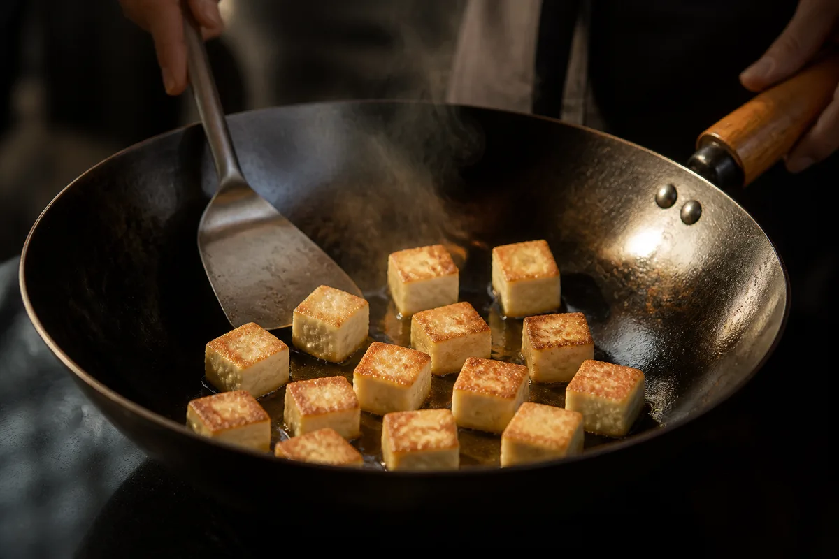 Dés de tofu enrobés de fécule en train de dorer en une seule couche dans un wok en acier noir