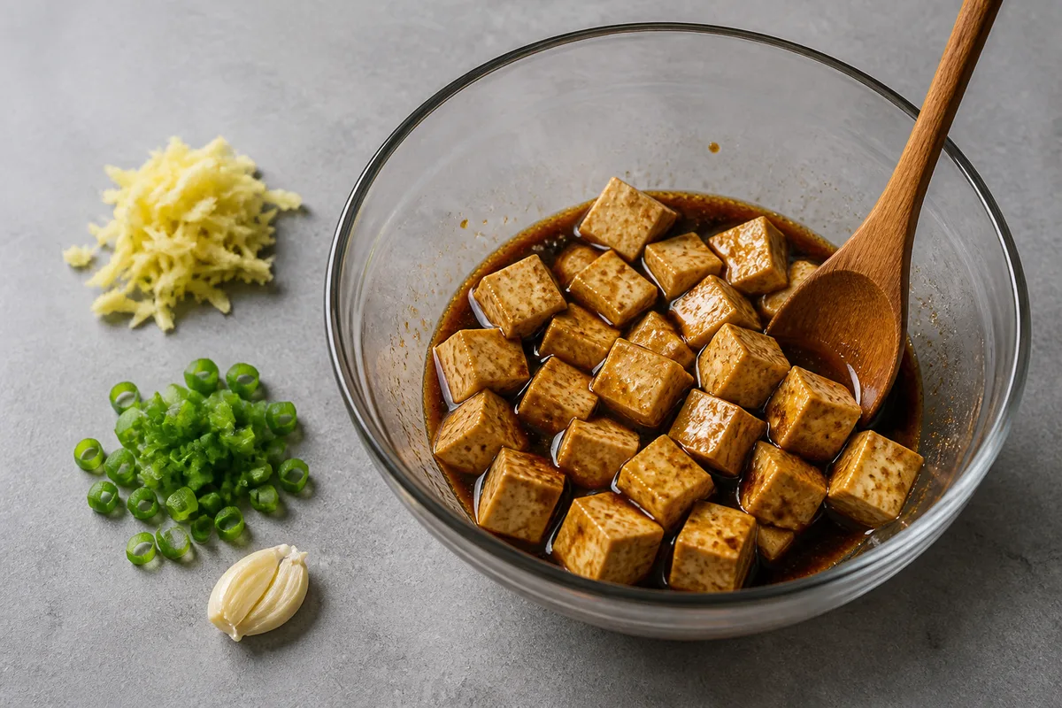 Cubes de tofu marinant dans un bol de verre lisse avec gingembre râpé et ciboule ciselée autour