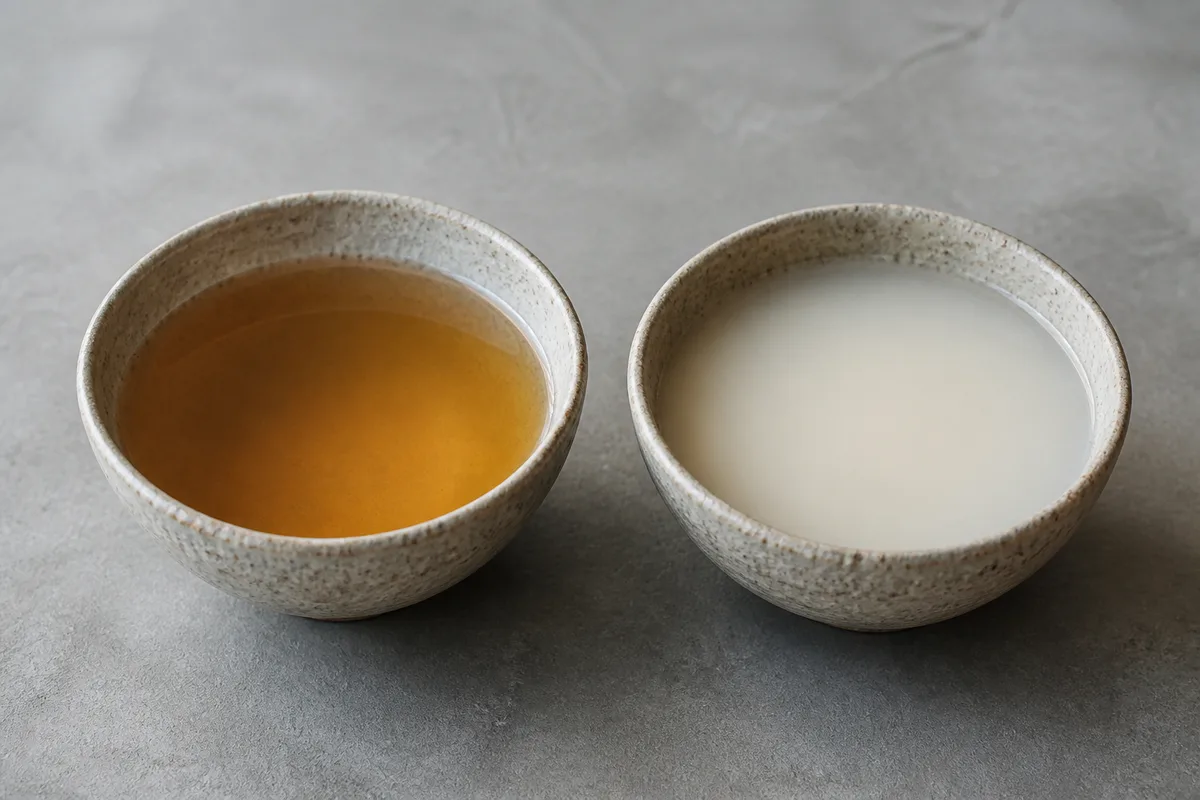 Deux bols de bouillon de ramen côte à côte, l’un ambré et translucide, l’autre blanc laiteux et opaque