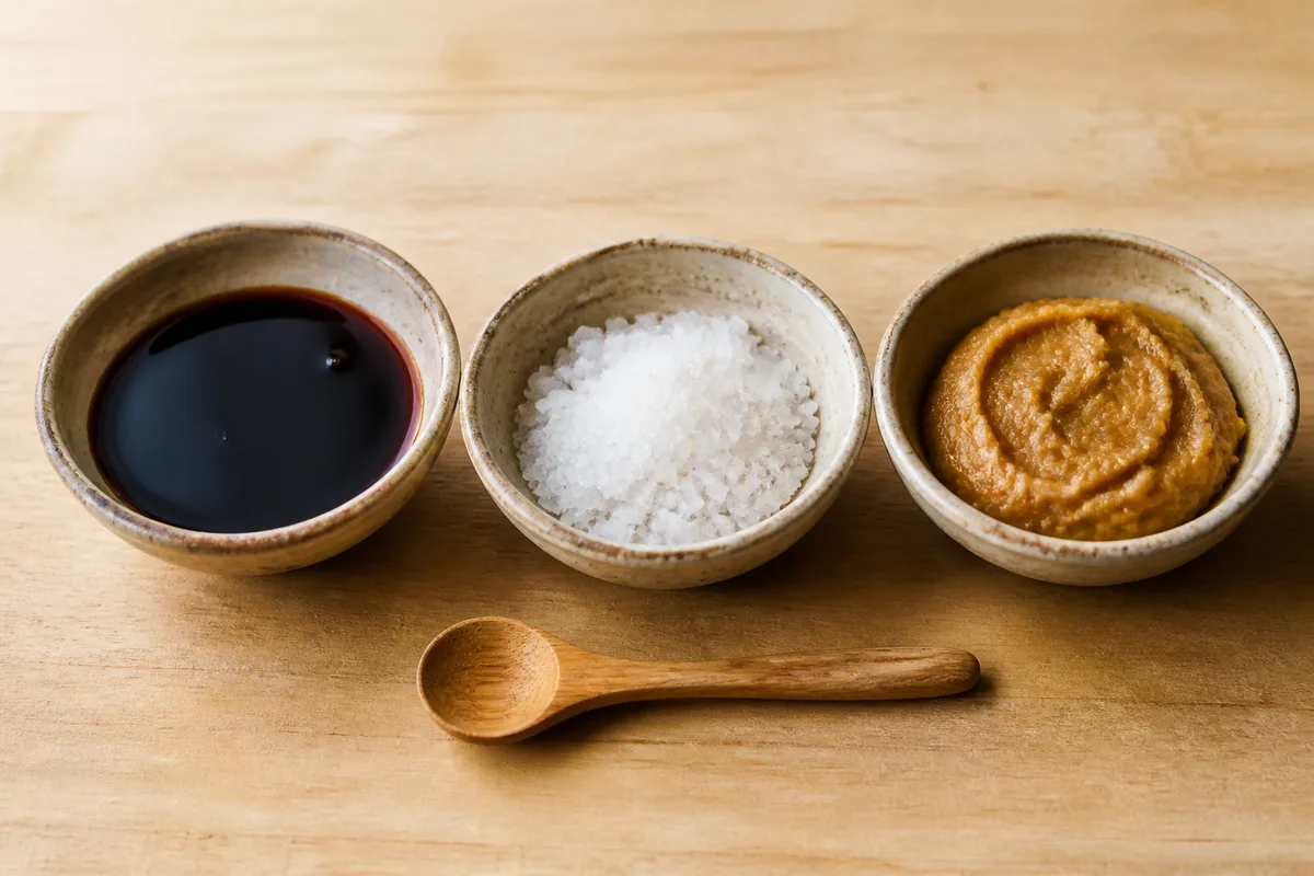 Trois petits bols d’assaisonnement japonais posés sur un plan de travail en bois, sauce sombre, sel et pâte de soja