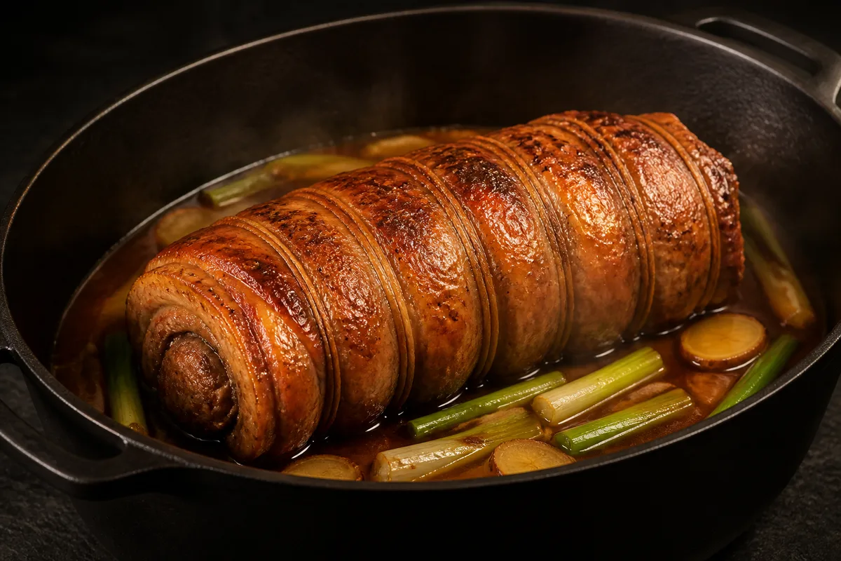 Poitrine de porc roulée et ficelée dorée dans une cocotte en fonte, sauce brune brillante autour