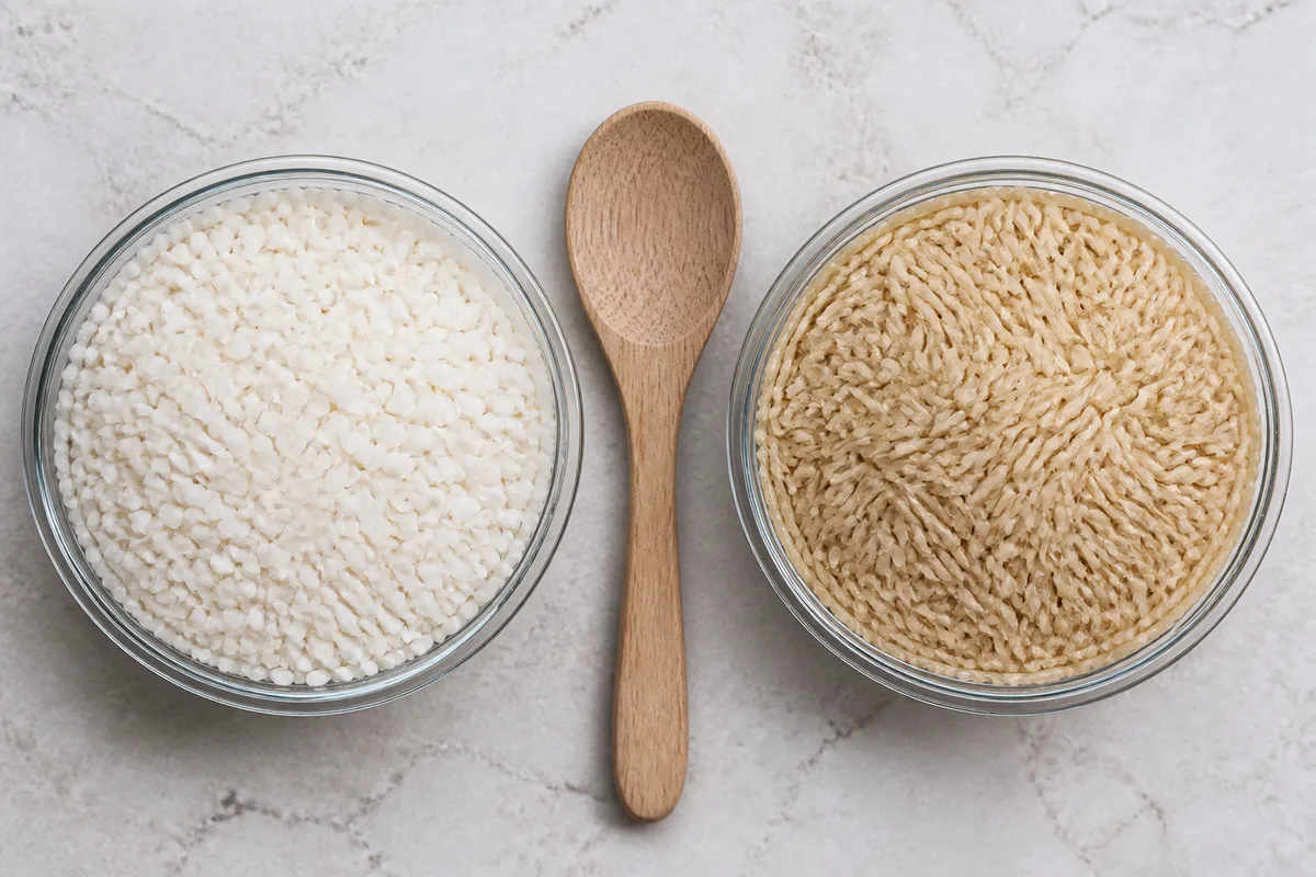 Grains de riz gluant crus blanc opaque dans un bol de verre à côté de grains de riz long translucides