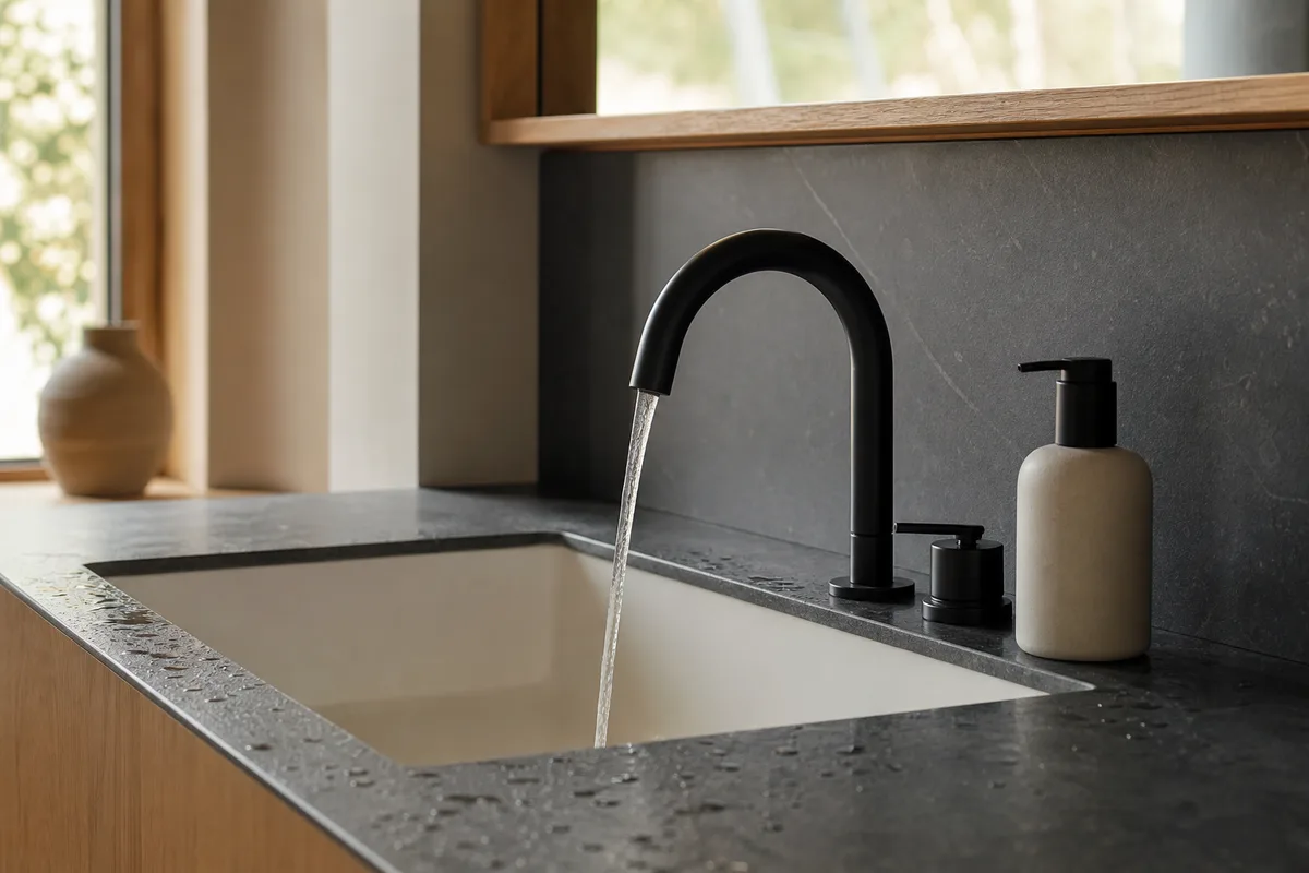 Lavabo minimaliste avec flacon nettoyant moussant et gouttes d’eau
