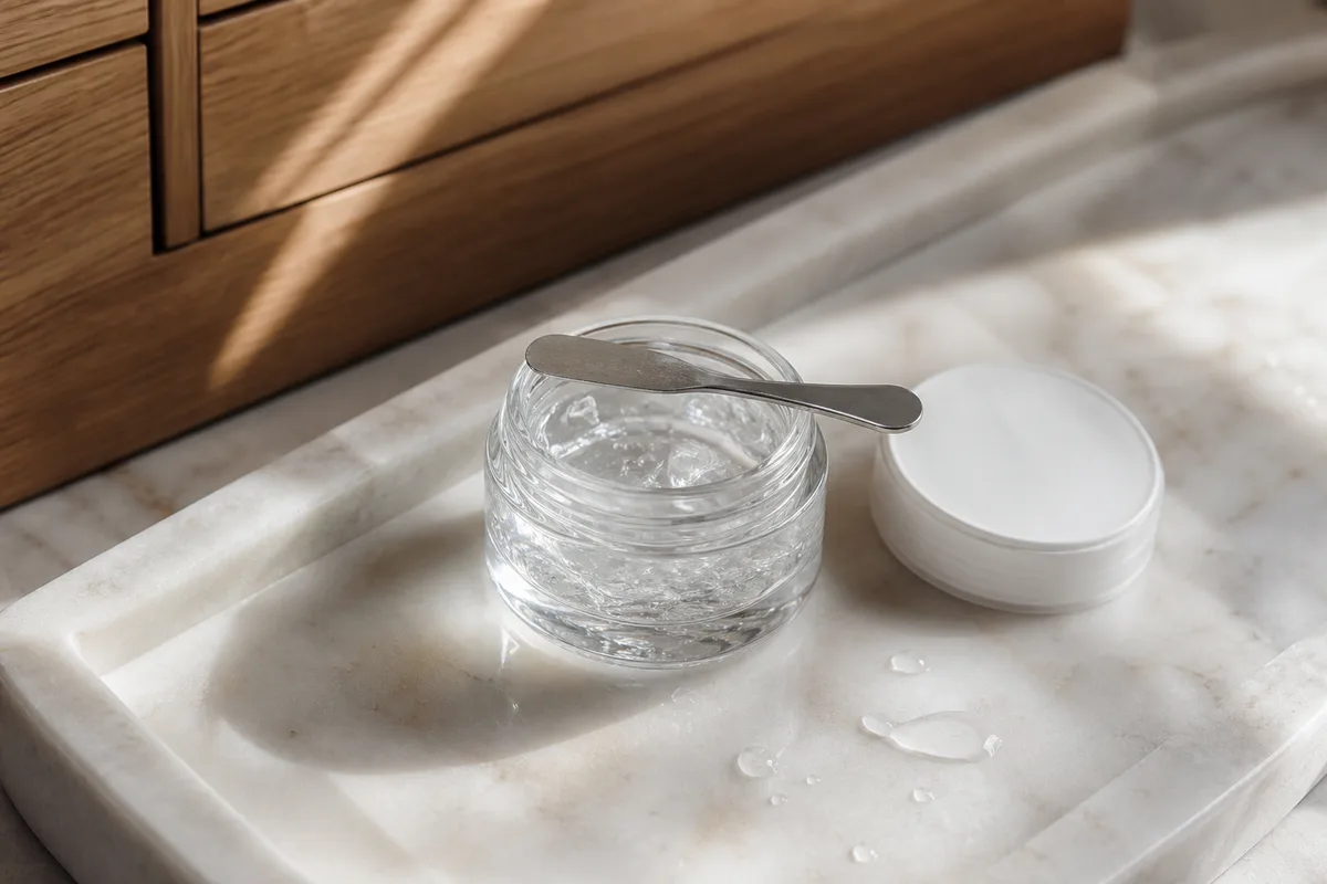 Pot de crème gel ouvert avec spatule, sur plateau en marbre