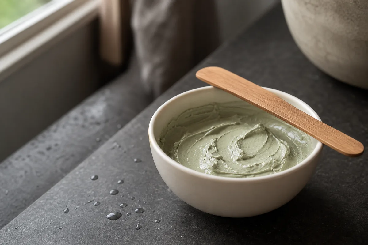 Bol de masque à l’argile verte avec spatule en bois sur pierre