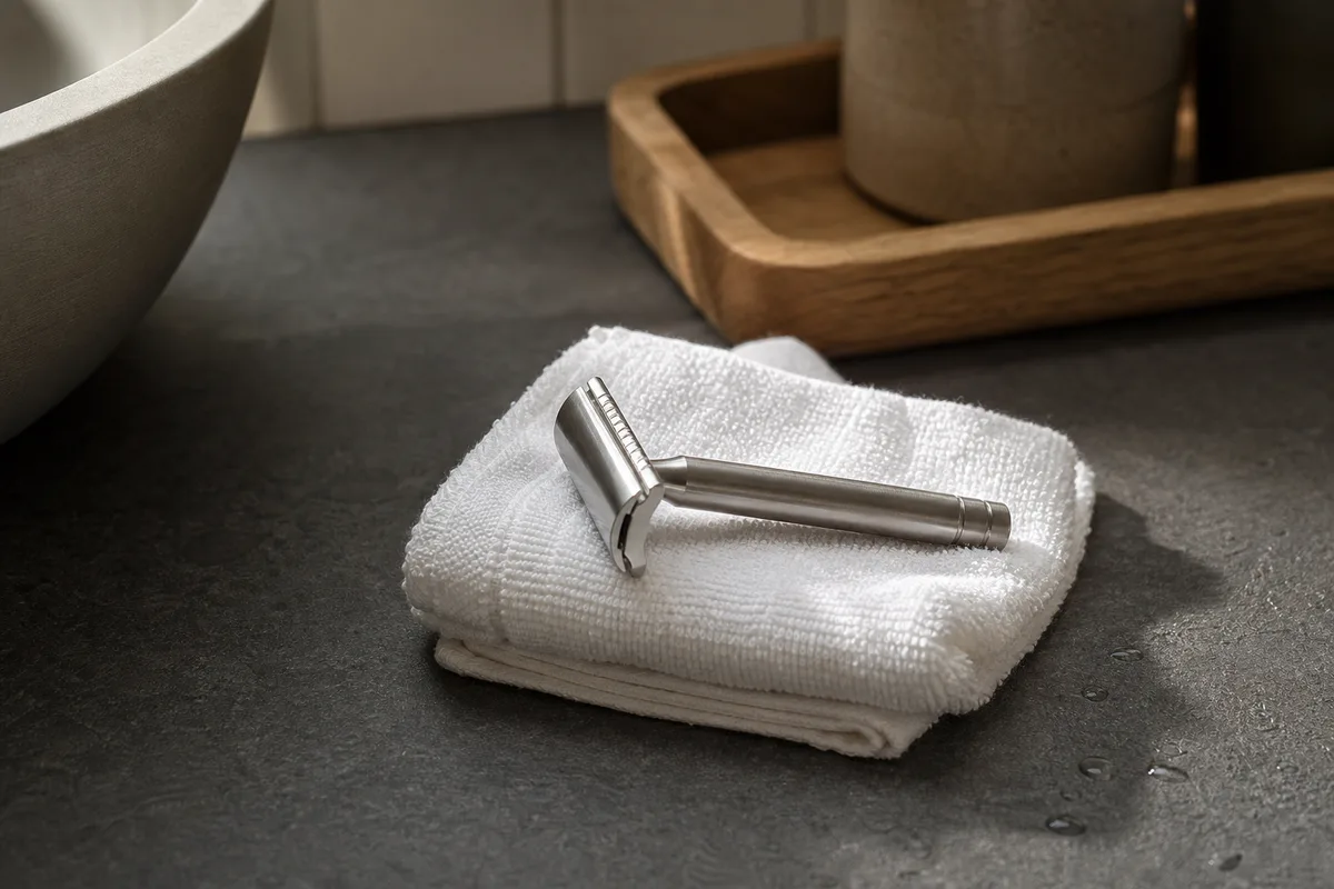 Rasoir de sûreté posé sur une serviette blanche pliée